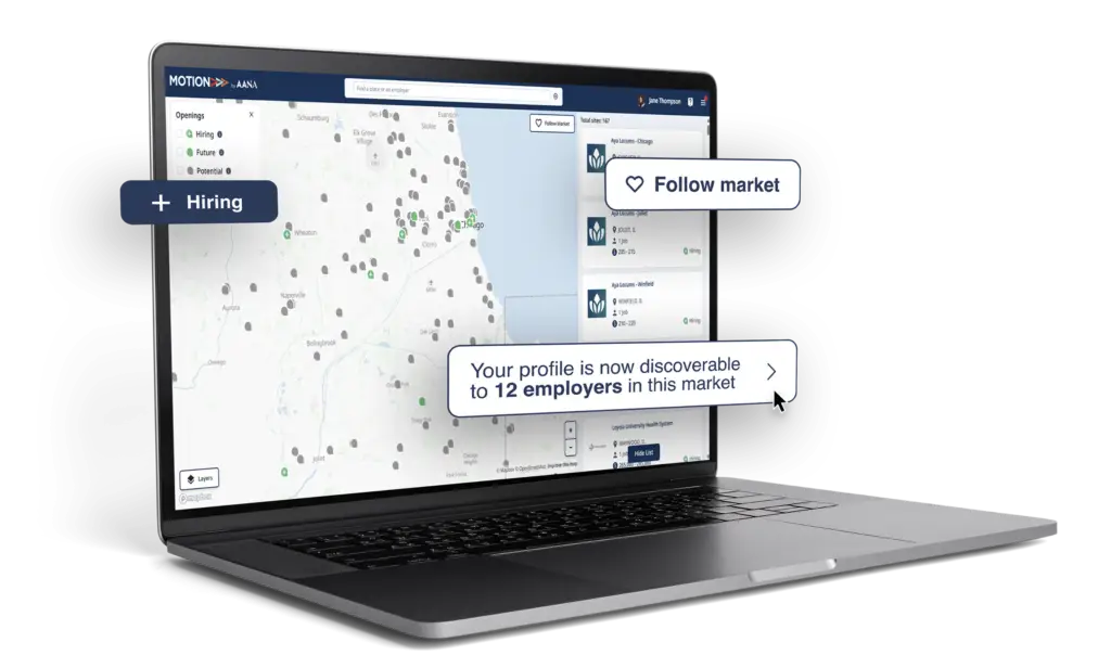 AANA MOTION career map platform on laptop — physician recruitment tool for CRNAs