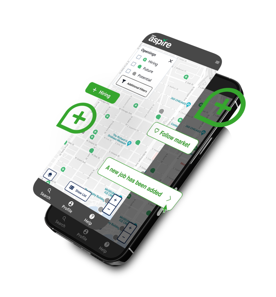 PM&R Aspire career platform — mobile view on smartphone