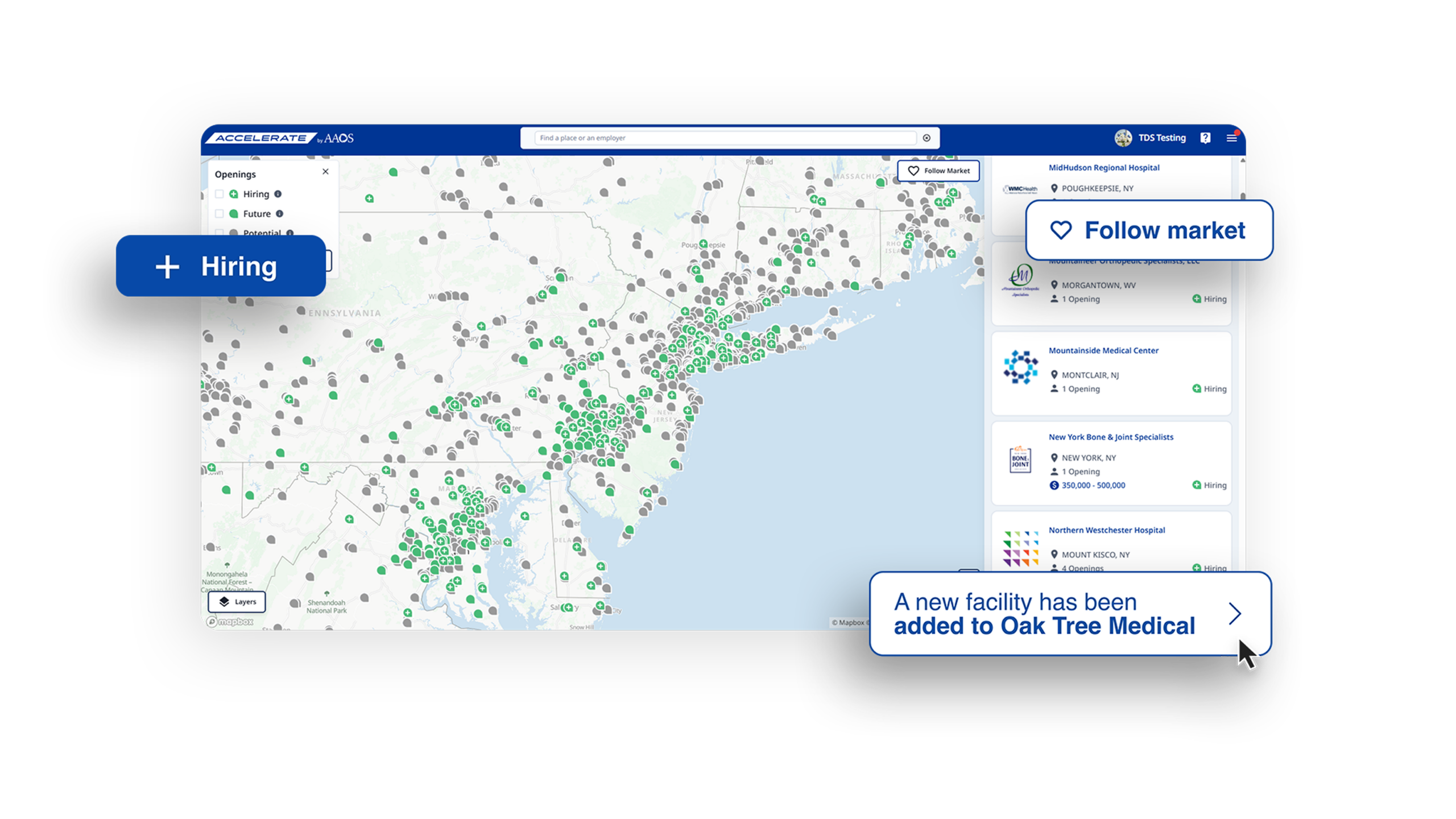 AAOS ACCELERATE career discovery map — geographic view showing physician locations