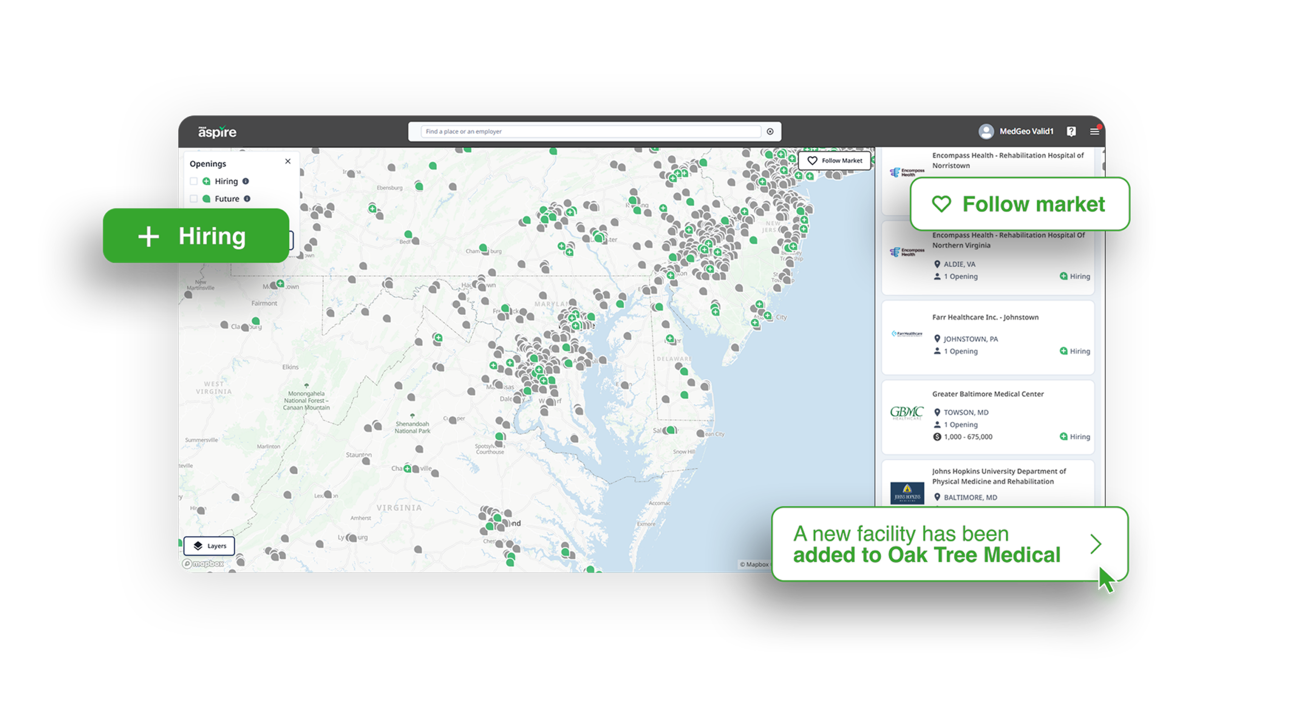 PM&R Aspire career discovery map — geographic view without technology overlay